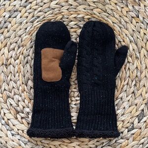 Black Knit Mittens with Brown Patch